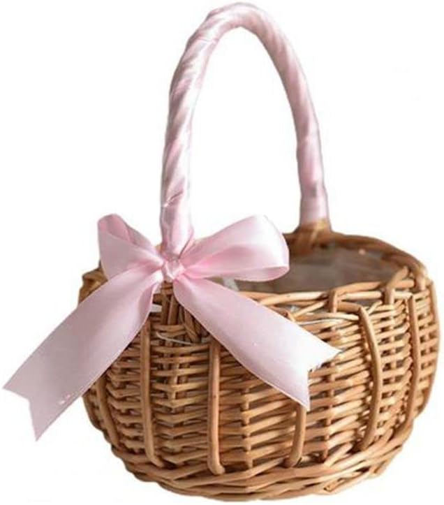 Handwoven Wicker Basket with Pink Ribbon โ Cute Round Flower Girl Basket for Wedding, Gift & Display