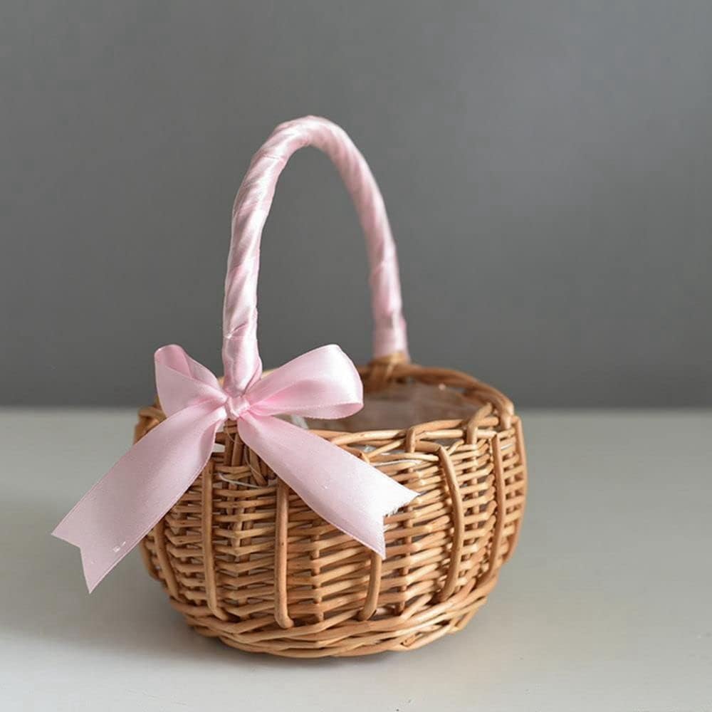 Handwoven Wicker Basket with Pink Ribbon โ Cute Round Flower Girl Basket for Wedding, Gift & Display