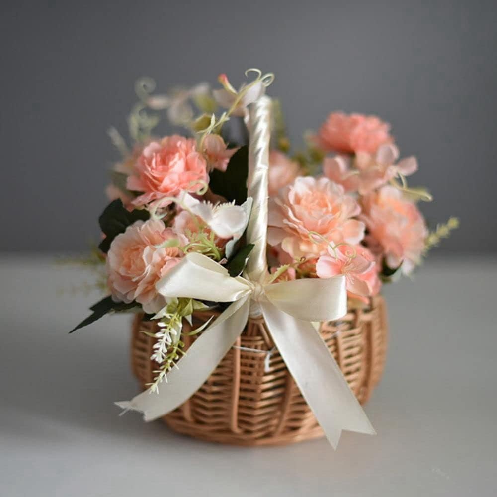 Handwoven Wicker Basket with Pink Ribbon โ Cute Round Flower Girl Basket for Wedding, Gift & Display