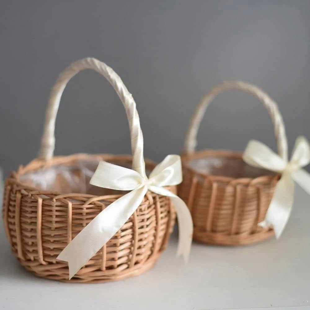 Handwoven Wicker Basket with Pink Ribbon โ Cute Round Flower Girl Basket for Wedding, Gift & Display