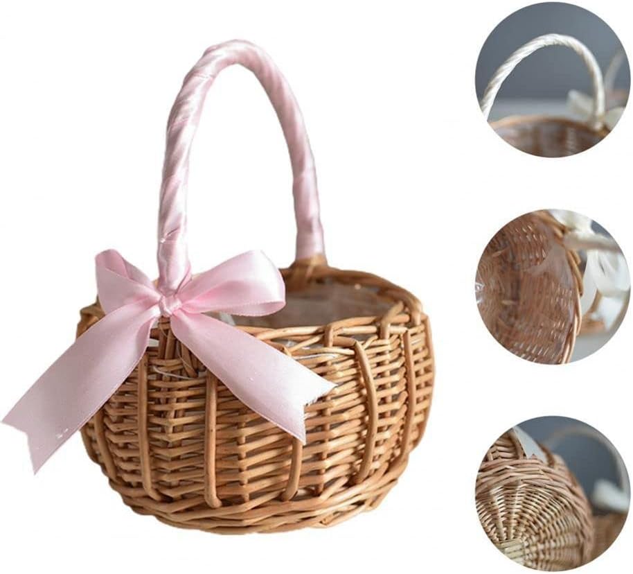 Handwoven Wicker Basket with Pink Ribbon โ Cute Round Flower Girl Basket for Wedding, Gift & Display