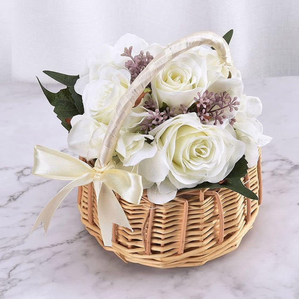 Handwoven Wicker Basket with Pink Ribbon โ Cute Round Flower Girl Basket for Wedding, Gift & Display