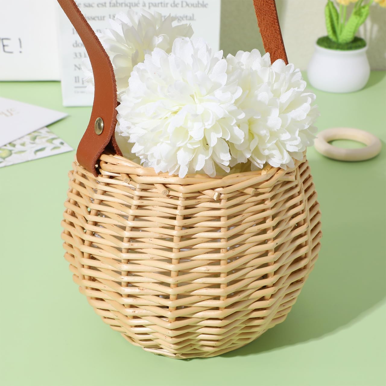 Round Hanging Woven Basket with Faux Leather Strap β Wall Mounted Rattan-Style Ball Storage Basket for Home Decor, Weddings, and Holidays