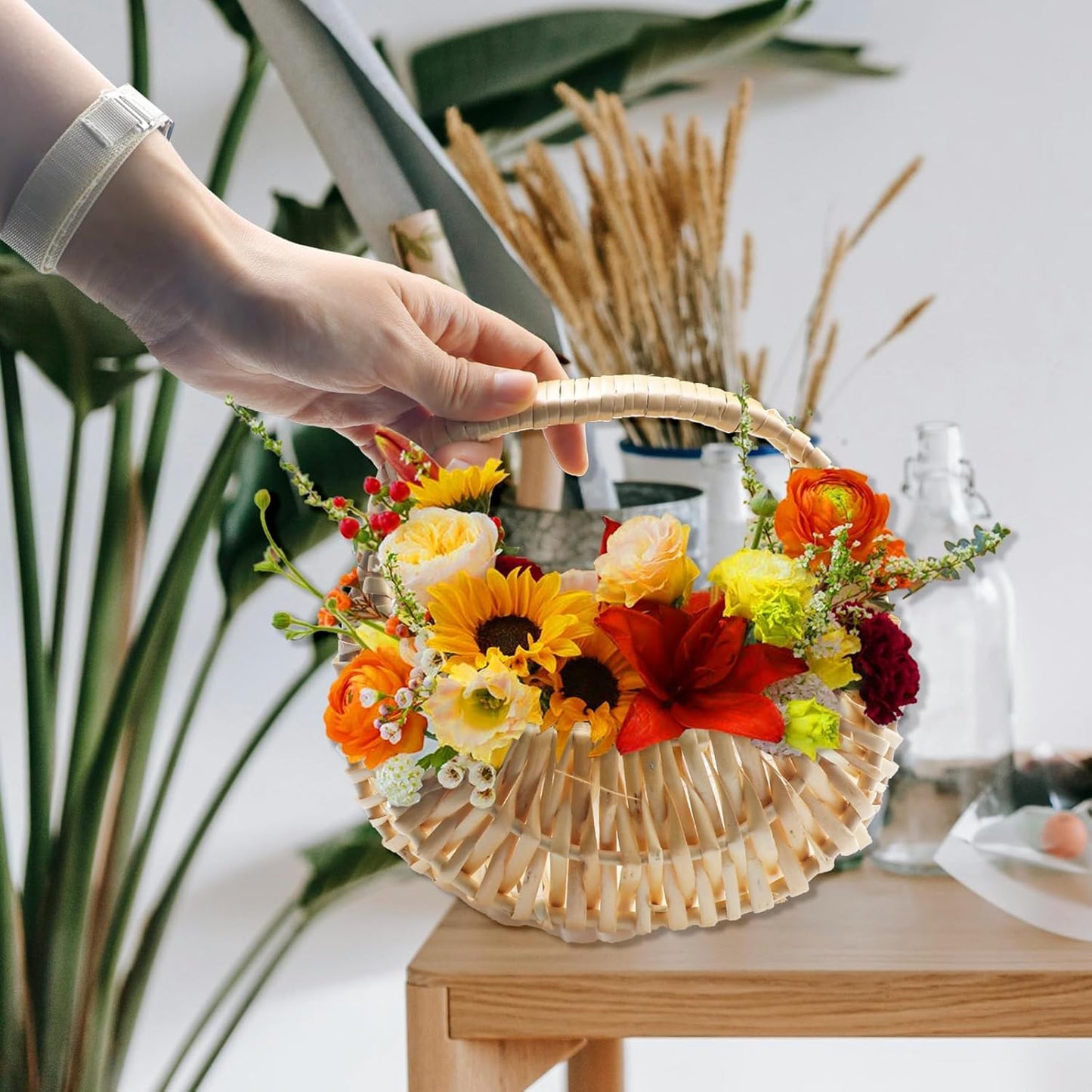 Crescent-Shaped Handwoven Rattan Basket with Handle β Decorative Storage and Flower Display