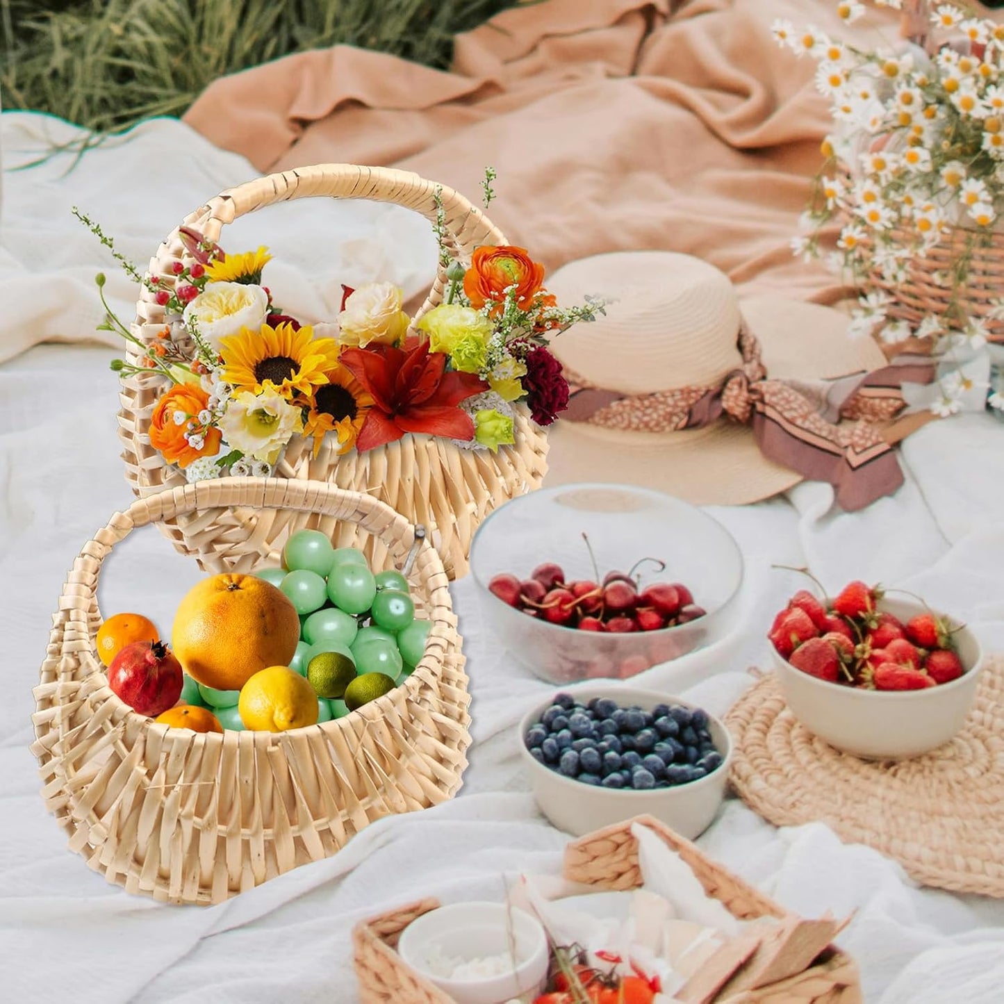 Crescent-Shaped Handwoven Rattan Basket with Handle β Decorative Storage and Flower Display
