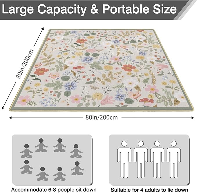 Extra Large Waterproof Picnic Blanket – 80"x80" Foldable Floral Mat for 6–8 People – Portable Outdoor Ground Cover for Camping, Beach, Park, or Family Activities