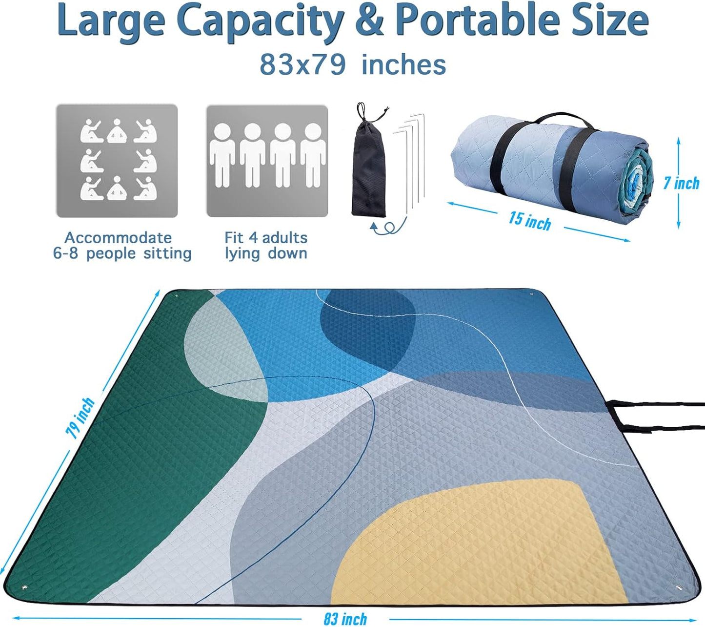 Extra Large Waterproof Picnic Blanket 83"x79" | Foldable Outdoor Mat for 6–8 People | Portable Camping Beach Mat with Storage Bag | Ideal for Park, Picnic, Family Outings