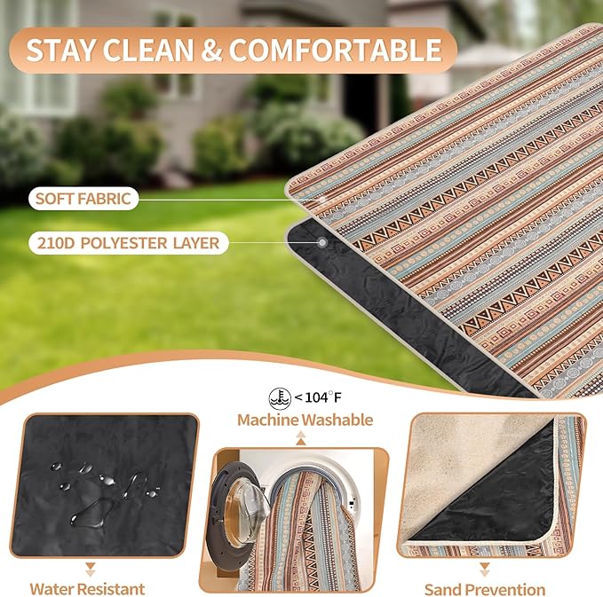 Large Waterproof Picnic Blanket with Shoulder Strap | Foldable Portable Mat for Camping, Park, Beach, or Tent | Ethnic Stripe Design | 79" x 59"
