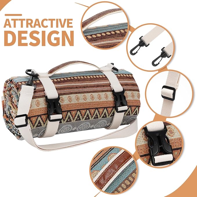 Large Waterproof Picnic Blanket with Shoulder Strap | Foldable Portable Mat for Camping, Park, Beach, or Tent | Ethnic Stripe Design | 79" x 59"