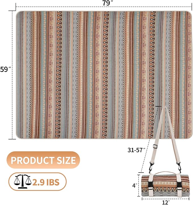 Large Waterproof Picnic Blanket with Shoulder Strap | Foldable Portable Mat for Camping, Park, Beach, or Tent | Ethnic Stripe Design | 79" x 59"