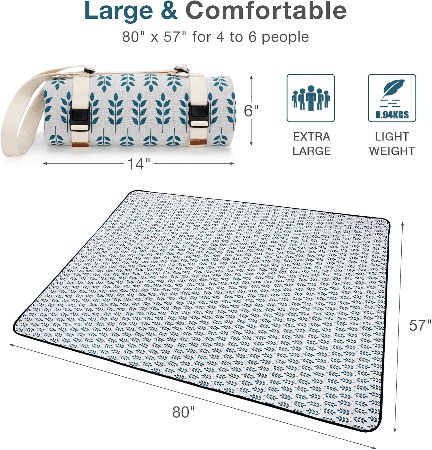 Waterproof Foldable Picnic Blanket 80×57 Inch | Lightweight Outdoor Mat for 4–6 People | Portable Camping Beach Ground Cover
