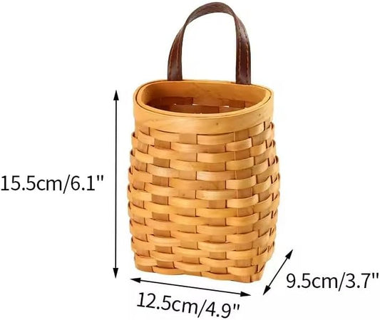 Vintage Handwoven Wooden Strip Basket with Faux Leather Handle – Mini Storage & Gift Basket