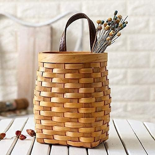 Vintage Handwoven Wooden Strip Basket with Faux Leather Handle – Mini Storage & Gift Basket
