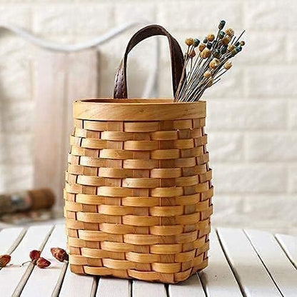 Vintage Handwoven Wooden Strip Basket with Faux Leather Handle – Mini Storage & Gift Basket