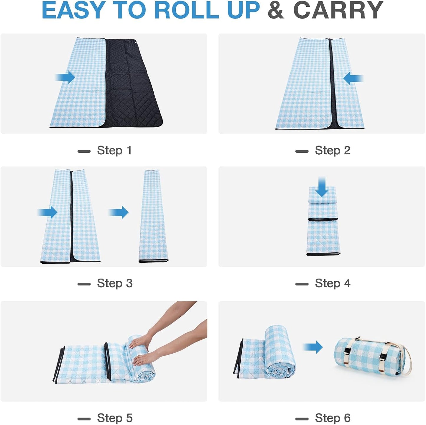 Extra Large Picnic Blanket 80×80 Inch Blue Gingham Waterproof Foldable Mat with Strap | Lightweight & Portable | Fits 4–6 People for Outdoor Camping, Beach, Park