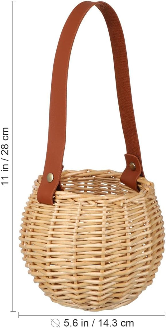 Round Hanging Woven Basket with Faux Leather Strap – Wall Mounted Rattan-Style Ball Storage Basket for Home Decor, Weddings, and Holidays