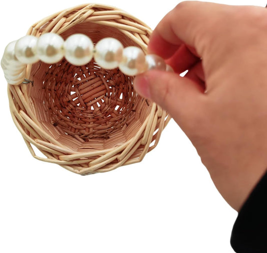 Pearl Handle Woven Storage Basket – Handmade Rattan Basket for Kids, Flower Girls & Home Decor