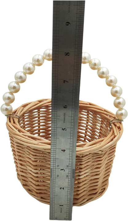 Pearl Handle Woven Storage Basket – Handmade Rattan Basket for Kids, Flower Girls & Home Decor