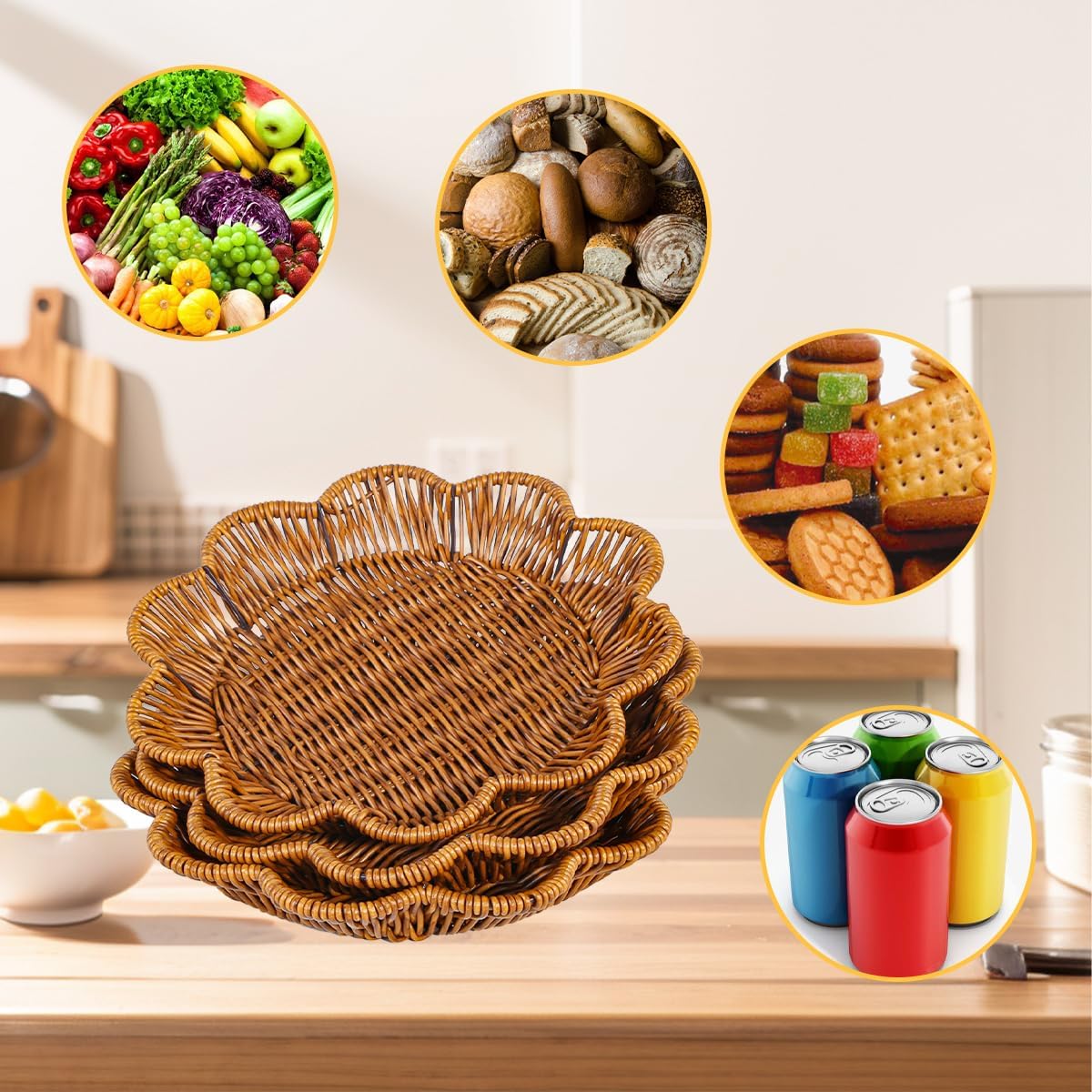 3PCS Flower-Shaped Woven Serving Trays – Handcrafted Faux Rattan Display Plates for Table Decor, Storage, or Food Presentation