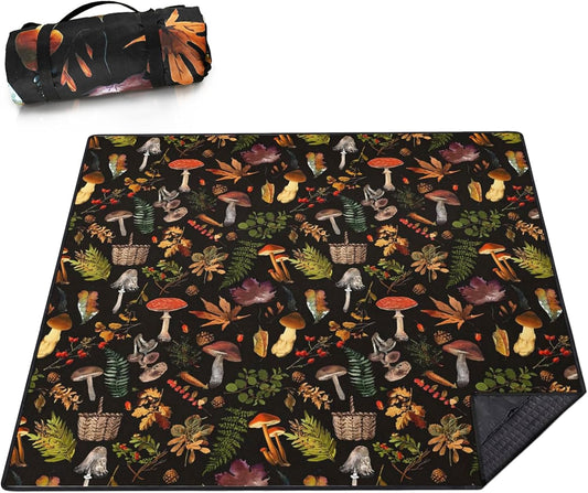 Extra Large Picnic Blanket 80"x80"｜Waterproof Foldable Outdoor Mat with Mushroom & Leaf Pattern｜Ideal for Beach, Camping, Lawn & Travel – Fits 8-12 People