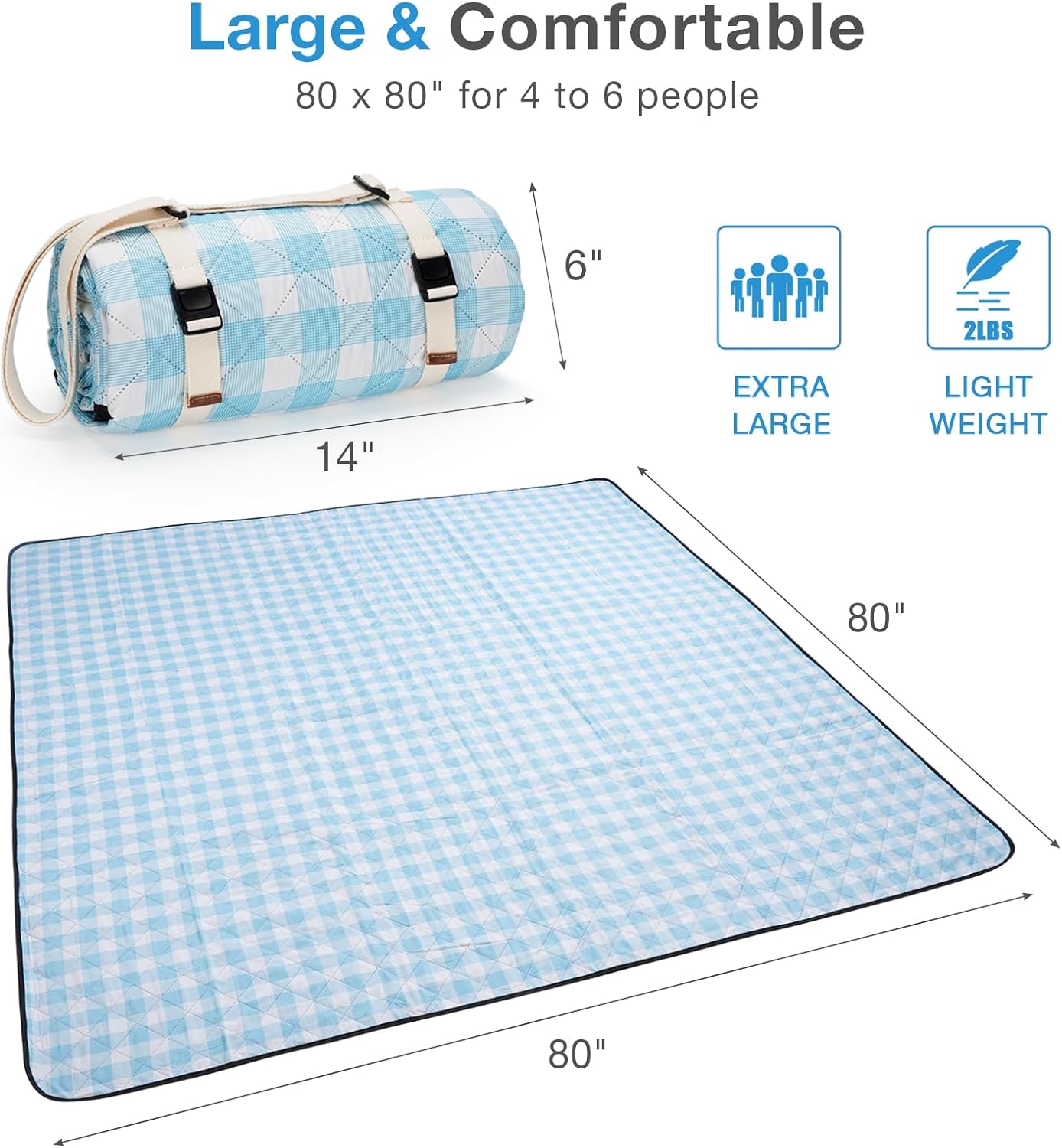 Extra Large Picnic Blanket 80×80 Inch Blue Gingham Waterproof Foldable Mat with Strap | Lightweight & Portable | Fits 4–6 People for Outdoor Camping, Beach, Park