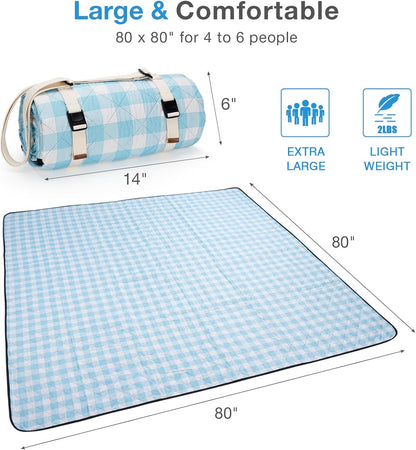 Extra Large Picnic Blanket 80×80 Inch Blue Gingham Waterproof Foldable Mat with Strap | Lightweight & Portable | Fits 4–6 People for Outdoor Camping, Beach, Park
