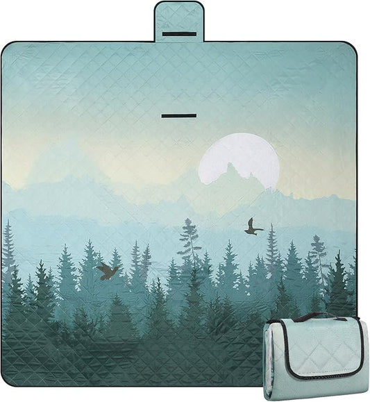 Large Waterproof Picnic Blanket with Forest Print | Foldable Outdoor Mat for Camping, Park & Beach | Portable Ground Cover for 4–6 People