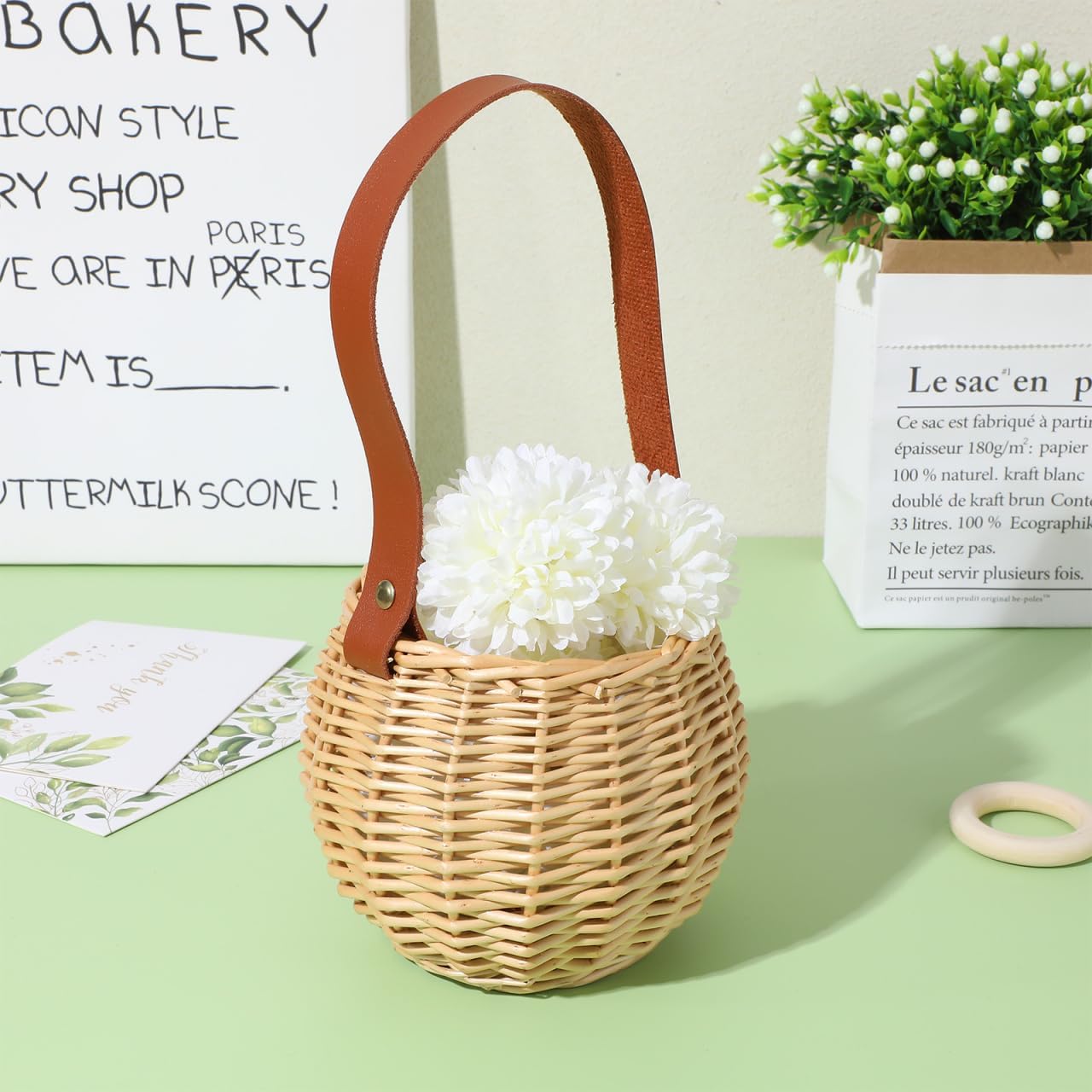 Round Hanging Woven Basket with Faux Leather Strap – Wall Mounted Rattan-Style Ball Storage Basket for Home Decor, Weddings, and Holidays