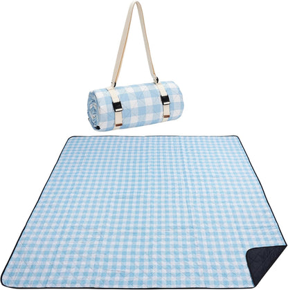 Extra Large Picnic Blanket 80×80 Inch Blue Gingham Waterproof Foldable Mat with Strap | Lightweight & Portable | Fits 4–6 People for Outdoor Camping, Beach, Park
