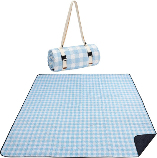Extra Large Picnic Blanket 80×80 Inch Blue Gingham Waterproof Foldable Mat with Strap | Lightweight & Portable | Fits 4–6 People for Outdoor Camping, Beach, Park