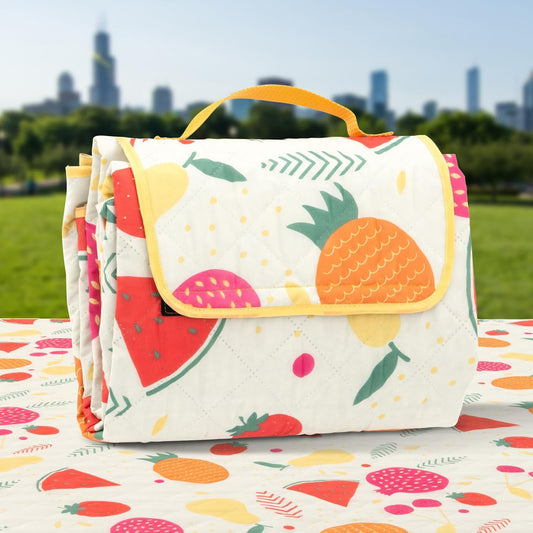 Foldable Picnic Blanket with Cute Fruit Pattern – Portable Waterproof Outdoor Mat with Handle – Ideal for Beach, Camping, Travel & Family Picnic (Approx. 78.7 x 59 in)