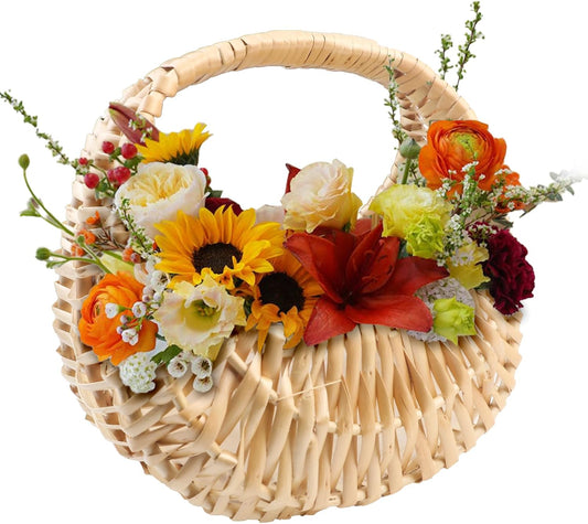 Crescent-Shaped Handwoven Rattan Basket with Handle – Decorative Storage and Flower Display