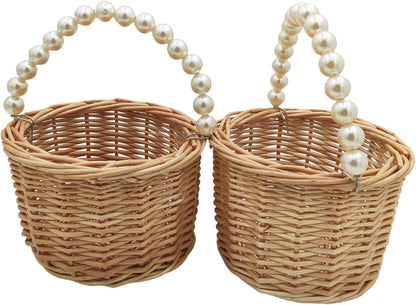 Pearl Handle Woven Storage Basket – Handmade Rattan Basket for Kids, Flower Girls & Home Decor