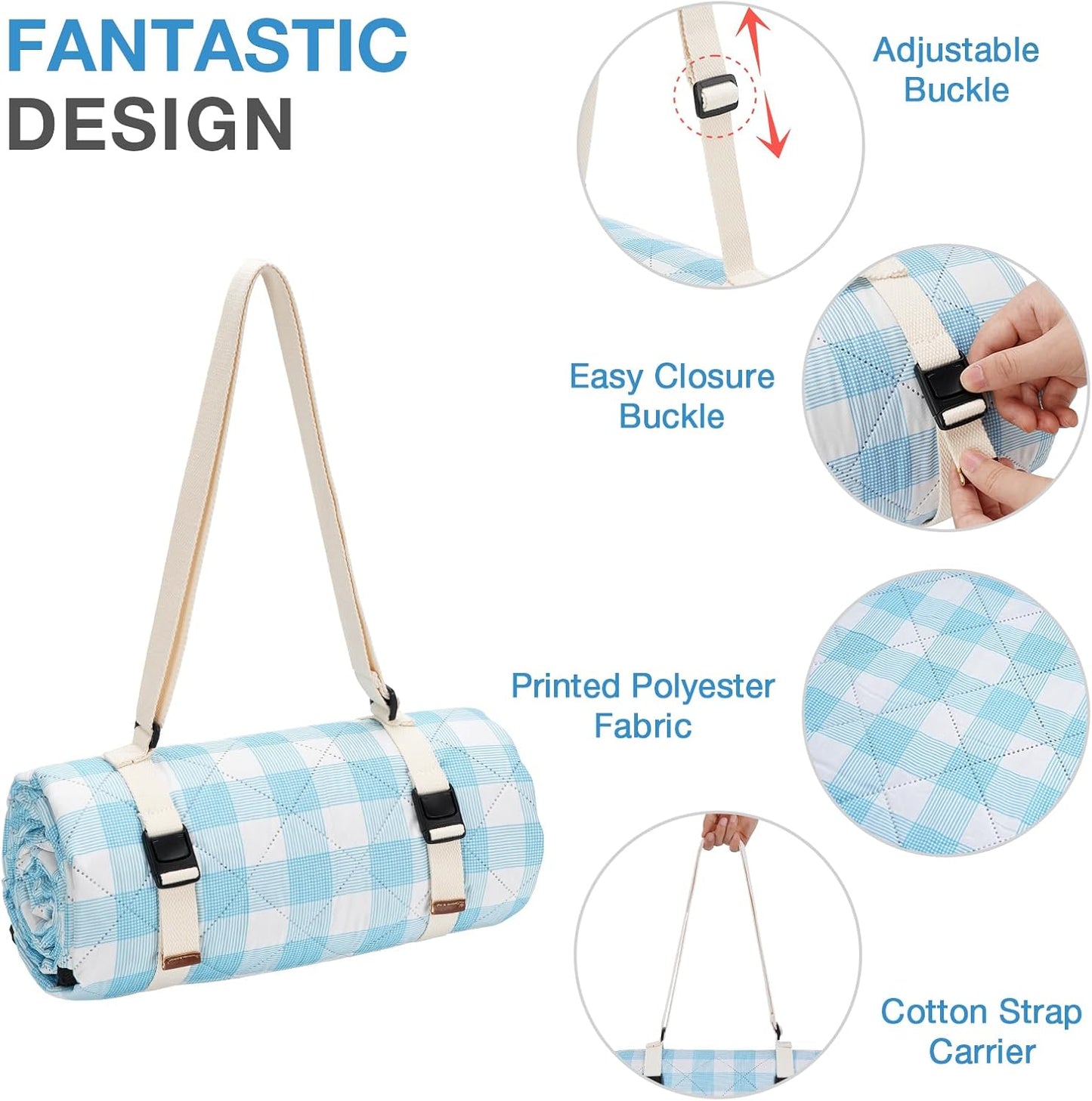 Extra Large Picnic Blanket 80×80 Inch Blue Gingham Waterproof Foldable Mat with Strap | Lightweight & Portable | Fits 4–6 People for Outdoor Camping, Beach, Park