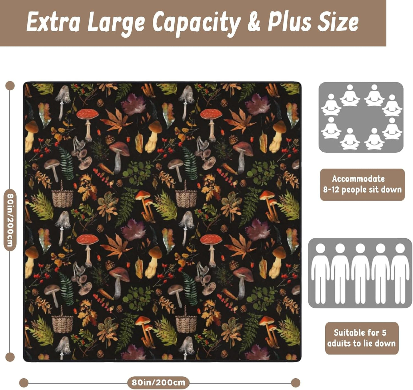 Extra Large Picnic Blanket 80"x80"｜Waterproof Foldable Outdoor Mat with Mushroom & Leaf Pattern｜Ideal for Beach, Camping, Lawn & Travel – Fits 8-12 People
