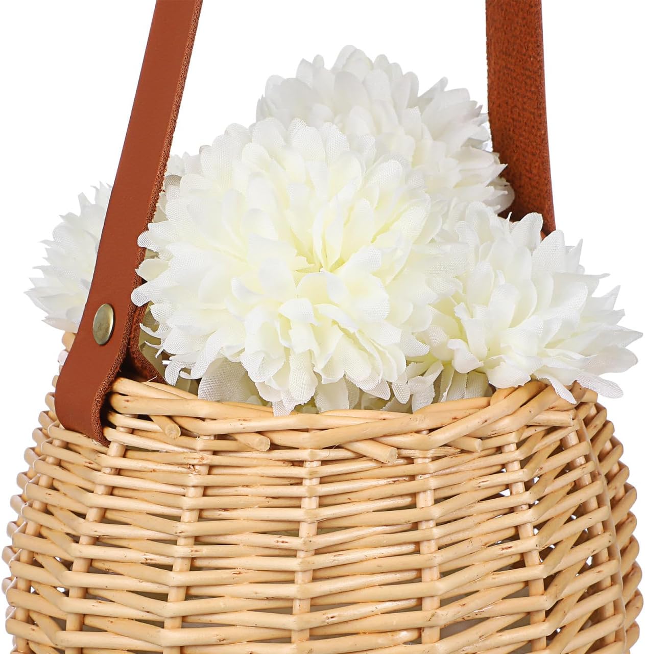 Round Hanging Woven Basket with Faux Leather Strap – Wall Mounted Rattan-Style Ball Storage Basket for Home Decor, Weddings, and Holidays