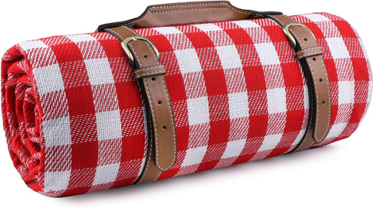 Classic Red Gingham Picnic Blanket Waterproof Foldable Outdoor Mat 58"x77" | Roll-Up Portable Camping Rug with Handle | Ideal for Park, Beach, Family Gatherings