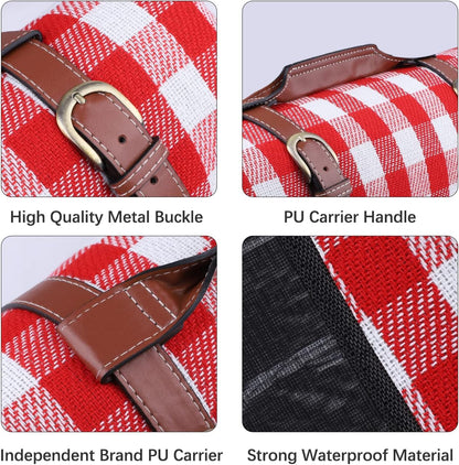 Classic Red Gingham Picnic Blanket Waterproof Foldable Outdoor Mat 58"x77" | Roll-Up Portable Camping Rug with Handle | Ideal for Park, Beach, Family Gatherings