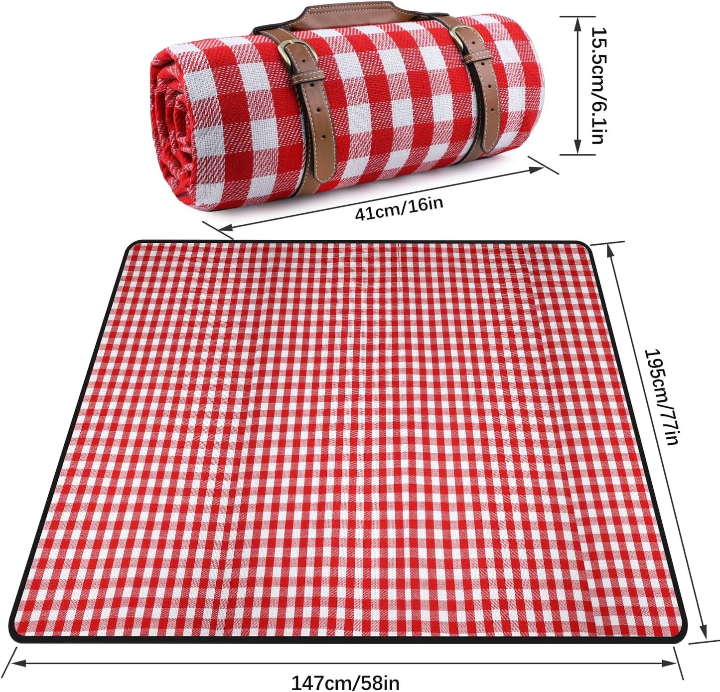 Classic Red Gingham Picnic Blanket Waterproof Foldable Outdoor Mat 58"x77" | Roll-Up Portable Camping Rug with Handle | Ideal for Park, Beach, Family Gatherings