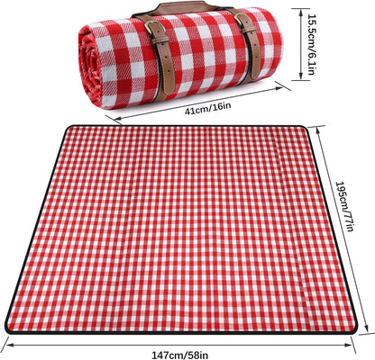 Classic Red Gingham Picnic Blanket Waterproof Foldable Outdoor Mat 58"x77" | Roll-Up Portable Camping Rug with Handle | Ideal for Park, Beach, Family Gatherings