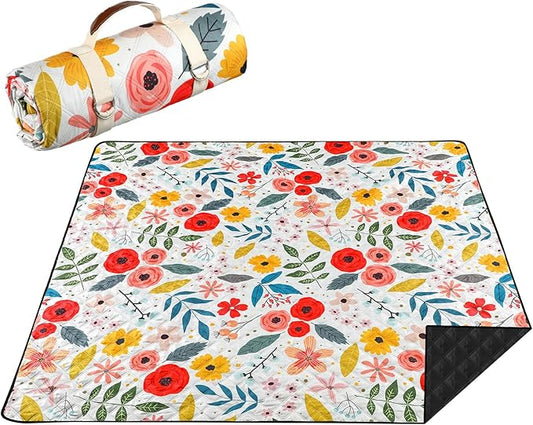 Extra Large Waterproof Picnic Blanket 80×80 Inch with Floral Print | Foldable Portable Outdoor Mat | Fits 4 Adults Lying or 6–8 Sitting | Lightweight & Compact