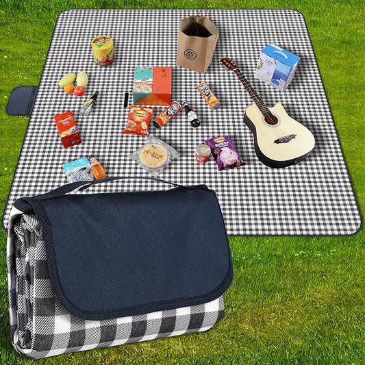 Extra Large Waterproof Picnic Blanket 78.7"x78.7" | Foldable Portable Outdoor Mat for 6–8 People | Classic Black and White Plaid Design | Ideal for Camping, Park, Beach, Lawn