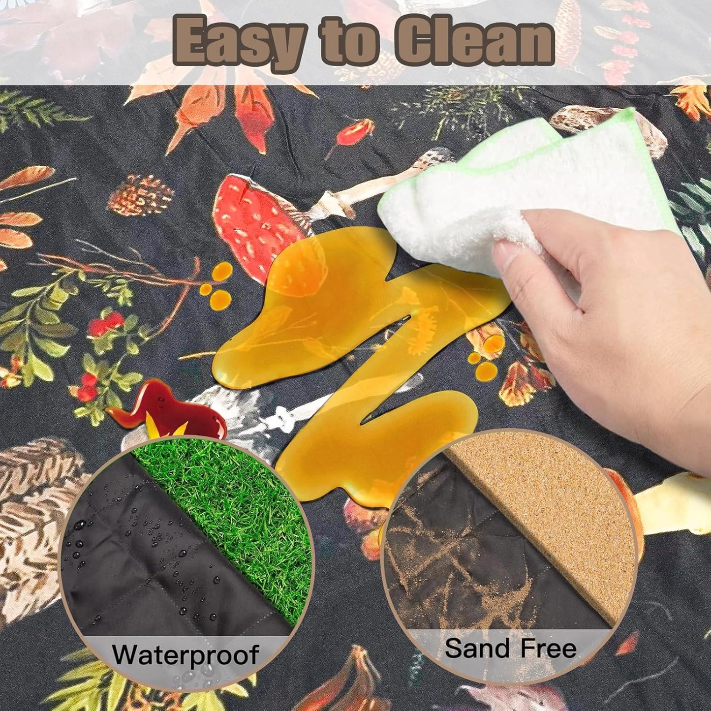 Extra Large Picnic Blanket 80"x80"｜Waterproof Foldable Outdoor Mat with Mushroom & Leaf Pattern｜Ideal for Beach, Camping, Lawn & Travel – Fits 8-12 People