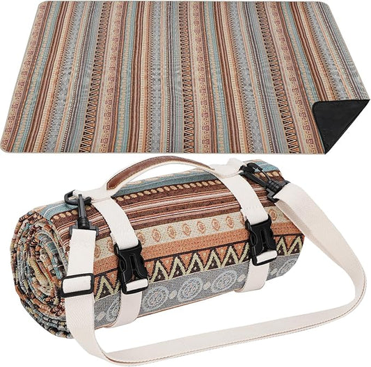 Large Waterproof Picnic Blanket with Shoulder Strap | Foldable Portable Mat for Camping, Park, Beach, or Tent | Ethnic Stripe Design | 79" x 59"